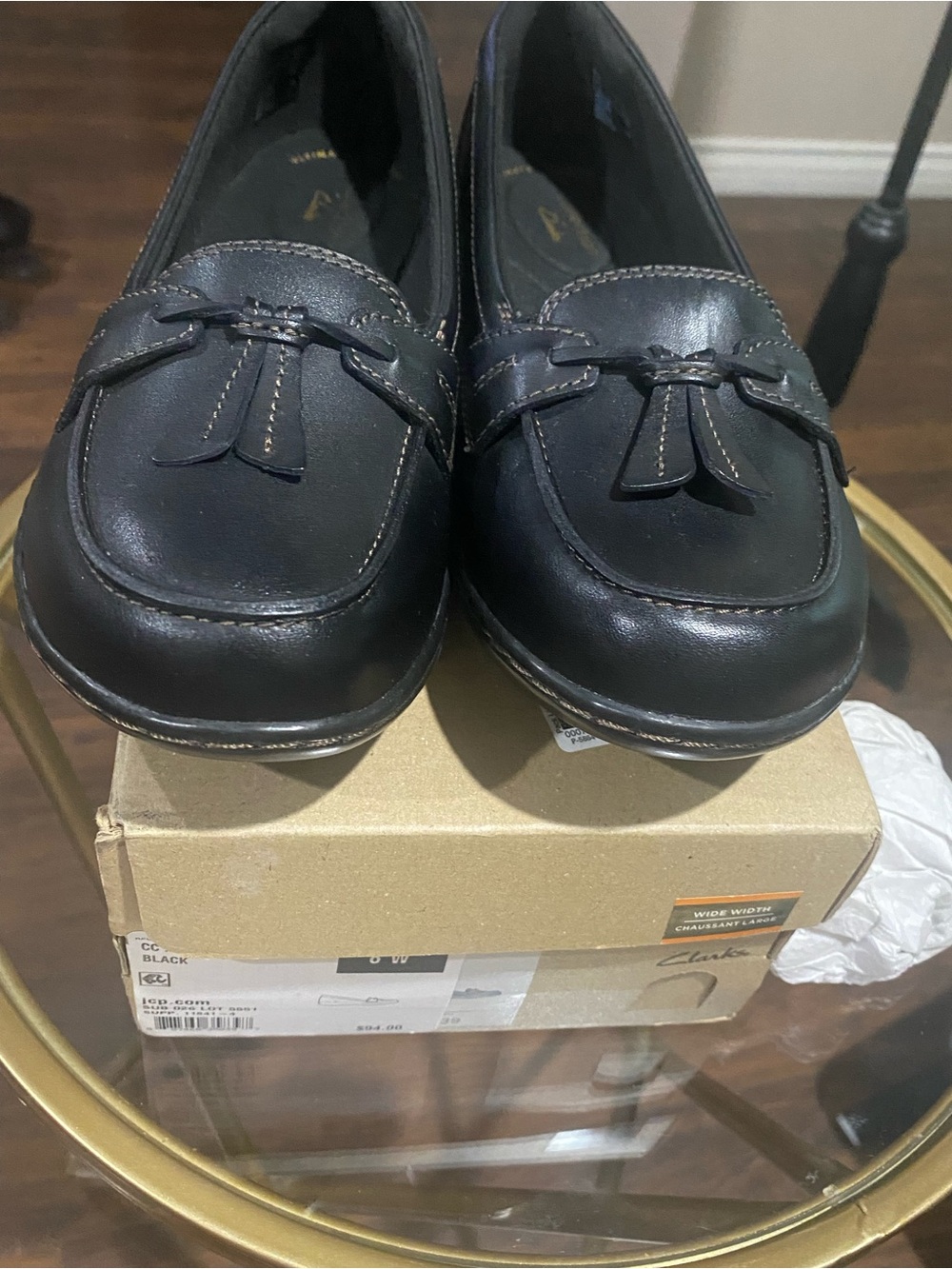 Clarks Women’s black Leather Tassel Slip-On Loafers